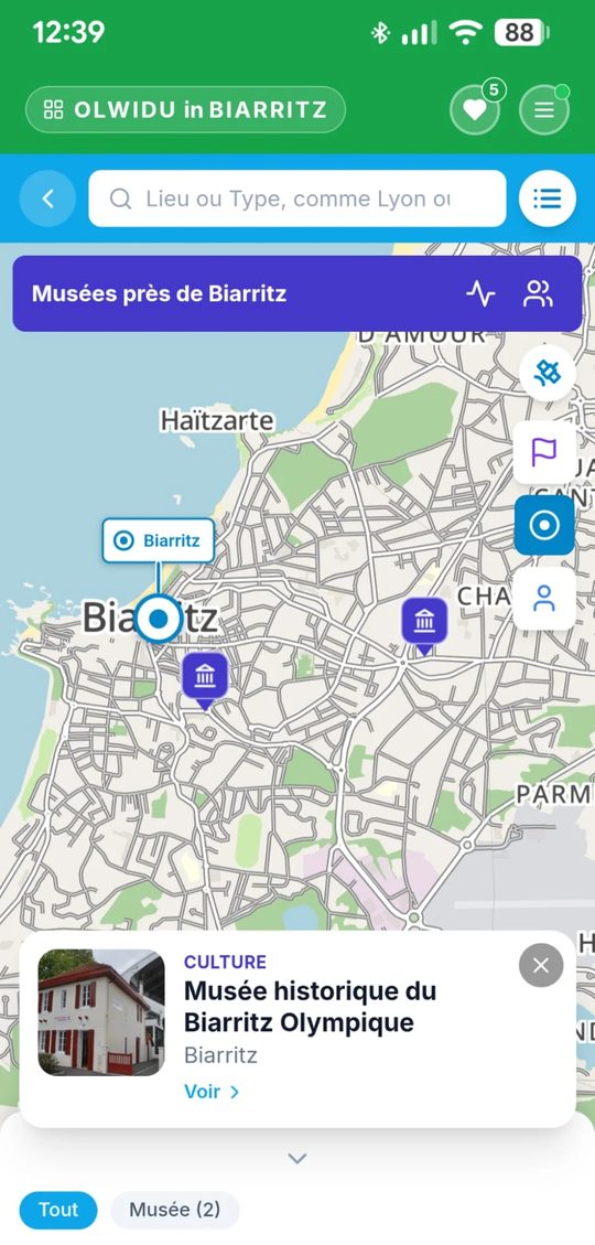 Écran Olwidu : les musées près de Biarritz sur la carte