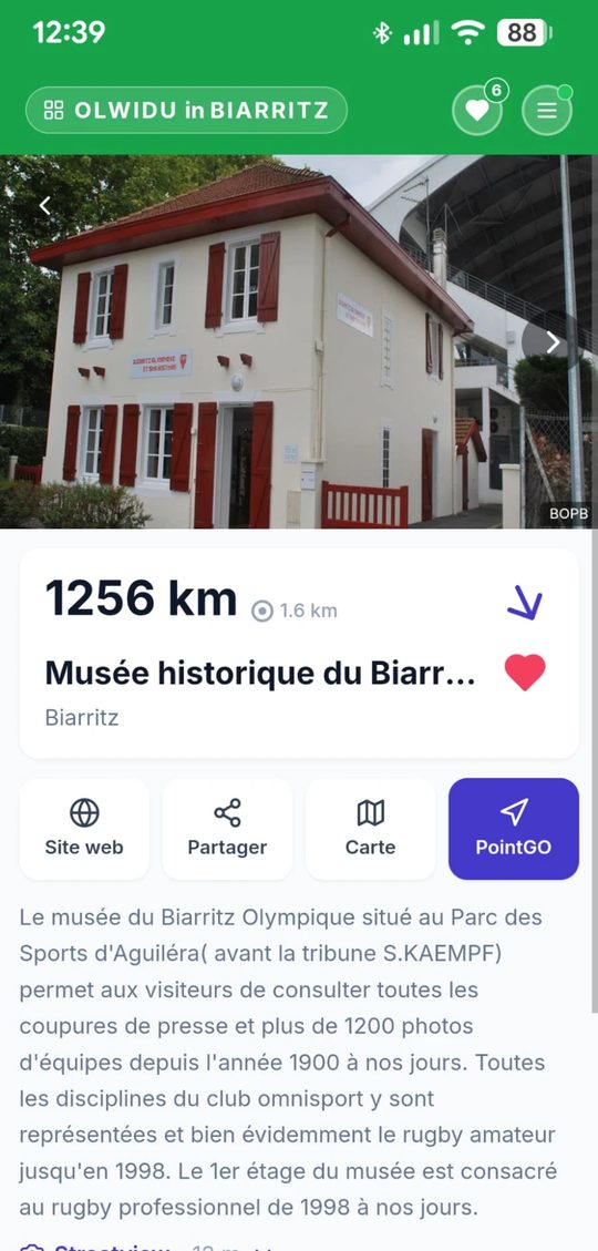 Écran Olwidu : la fiche du Musée historique du Biarritz Olympique